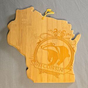 Totally Bamboo- Cutting Board in the Shape of Wisconsin w/ engraving of badger.